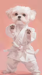 a small dog in karate attire holding on to a leash,a white dog wearing martial gear with two hands raised