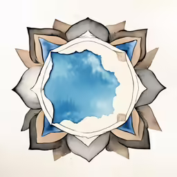 watercolor painting of a circular shape with clouds and sky in it