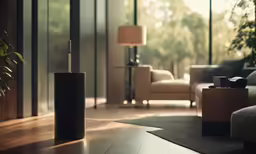 a living room has glass windows with an elegant vase
