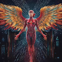a woman with huge yellow wings and large orange wings is standing in the center of a poster