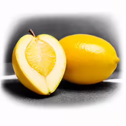 two lemons with one cut in half and one sliced open