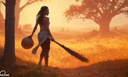 a girl standing next to a tree holding a ball and broom,a woman carrying an apple and a ball while walking through the grass