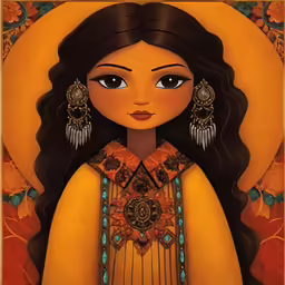 a painting of a woman in native dress with long hair