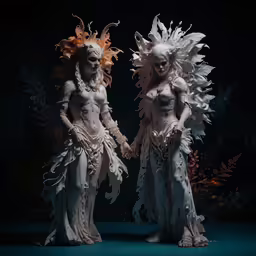 two women standing next to each other in white outfits