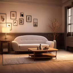 a living room has pictures on the wall