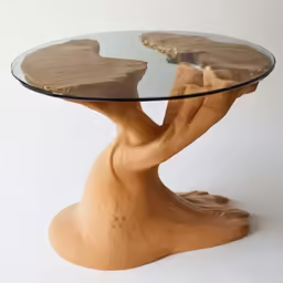 an artistically sculpted, round table has glass top and gold accents