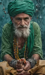 a man with a green turban is holding beads