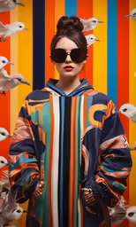 a person wearing sunglasses posing for a photo in front of bird wallpaper