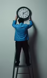 a man leaning on a ladder with a clock on his head
