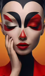 a woman with makeup painted on her face and red lipstick