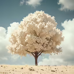 a large tree in the middle of a dirt field with fluffy white flowers
