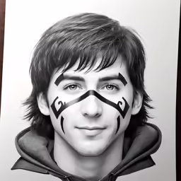 a black and white portrait of a man with painted eyebrows