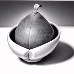a black and white photo of a apple in a bowl