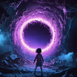 a kid standing near an object in the dark