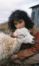 a woman hugging a white sheep with her eyes closed