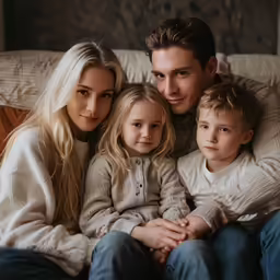 a man and woman holding two children while sitting on a bed