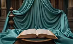 an open book is sitting on a table with a curtain over it