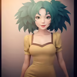 an animated woman is dressed in a mustard dress