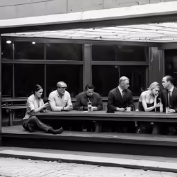 several people sitting at the long bench, two adults are speaking