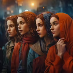 a group of people with red hair and wearing scarves