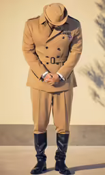 a male in a uniform and hat standing in the street