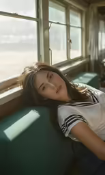 an attractive young woman leaning on the arm rest of a green bench