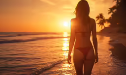 back side view of woman walking into the ocean at sunset