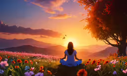 a woman is sitting in a field of flowers as the sun sets,a woman sitting on top of a grass field next to a tree