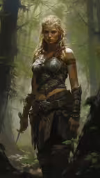 a female warrior with two large swords in her hand,a woman with a sword is in the woods