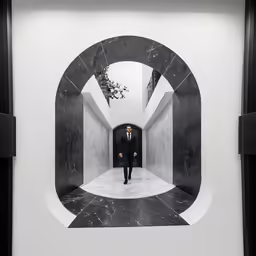 man in a suit walking down an art gallery
