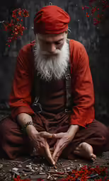 an older man is sitting on the ground doing a hand gesture