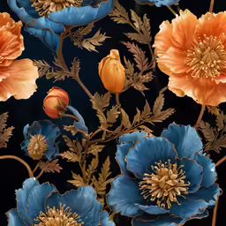 an abstract floral image of blue and orange flowers
