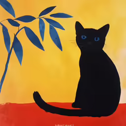 a painting of a black cat and bamboo leafy tree