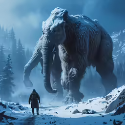 two large animals walking through a snow covered mountain