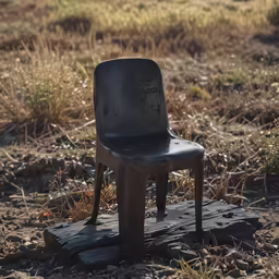 a dark chair in the middle of a field