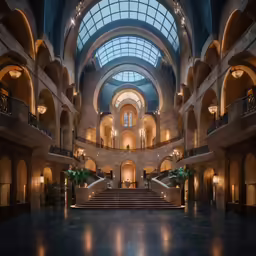 inside of a big building with lights and chandeliers
