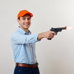 a man is shown holding a gun and pointing it