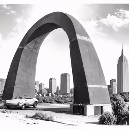 an arch in front of a city skyline