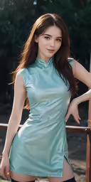 an asian woman posing next to a wooden fence