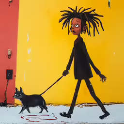 painting of an individual walking their dog on the street