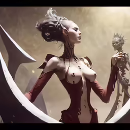 a woman with a horned head and horns standing in the middle of a giant moon