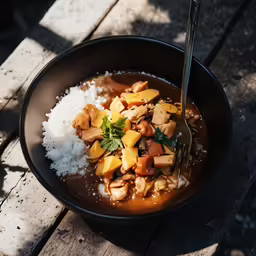 a black bowl filled with meat and rice