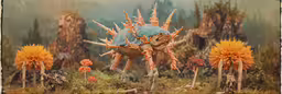 a strange alien creature walking among plants and mushrooms