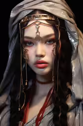 a doll dressed in an ancient greek outfit,a photo of a doll wearing silver and gold jewelry