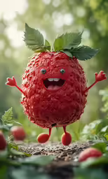 a strawberries with leaves flying around