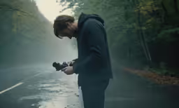 a man on the road with an umbrella looking at his cell phone
