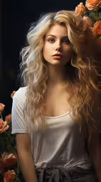 an artistic photo of a beautiful woman with roses,a woman with long blonde hair wearing white shirt and flowery wreath