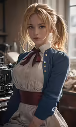a woman in dress sitting next to a camera