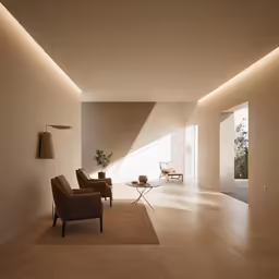 a dimly lit house has several brown chairs and a lamp
