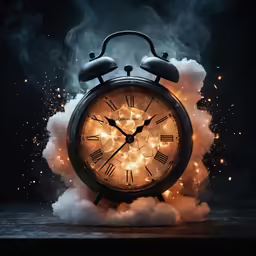 an alarm clock with smoke billowing out of the side